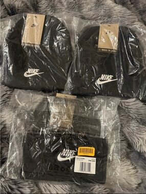 Nike Black Beanie Set with White Swoosh Logo - 3 Pack